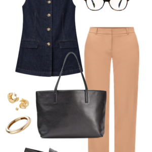 Spring 2026 petite and midsize capsule wardrobe outfit 20: denim vest, camel trousers, black tote, loafers