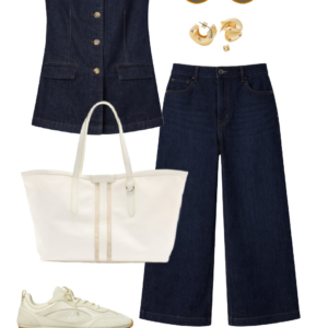 Spring 2026 petite and midsize capsule wardrobe outfit 21: denim vest, dark wide-leg jeans, cream tote, sneakers