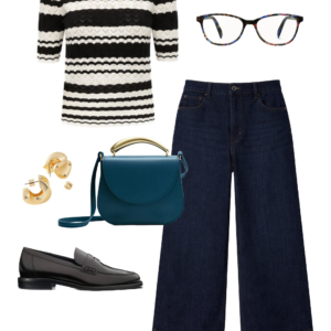 Spring 2026 petite and midsize capsule wardrobe outfit 24: black and white striped sweater, dark wide-leg jeans, teal crossbody bag, loafers