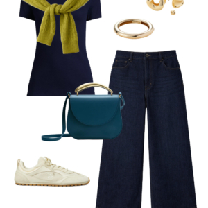 Spring 2026 petite and midsize capsule wardrobe outfit 25: navy tee, lime cable-knit sweater tied over shoulders, dark wide-leg jeans, teal crossbody bag, sneakers