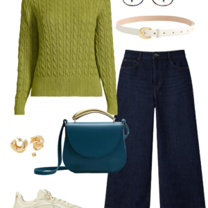 Spring 2026 petite and midsize capsule wardrobe outfit 27: lime cable-knit sweater, dark wide-leg jeans, teal crossbody bag, sneakers