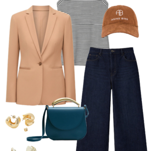 Spring 2026 petite and midsize capsule wardrobe outfit 28: camel blazer, striped tank, dark wide-leg jeans, teal crossbody bag, sneakers, baseball cap
