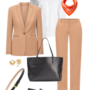 Spring 2026 petite and midsize capsule wardrobe outfit 4: camel blazer, white button-down shirt, camel trousers, orange bandana scarf