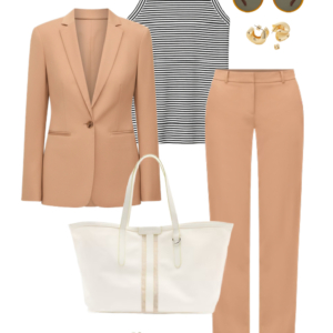 Spring 2026 petite and midsize capsule wardrobe outfit 5: camel blazer, striped tank, camel trousers, cream tote, sneakers