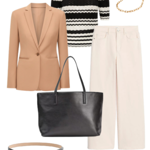 Spring 2026 petite and midsize capsule wardrobe outfit 6: camel blazer, black and white striped sweater, cream wide-leg jeans, black tote