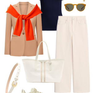 Spring 2026 petite and midsize capsule wardrobe outfit 8: camel blazer, orange cardigan tied over shoulders, navy tee, cream wide-leg jeans, cream tote