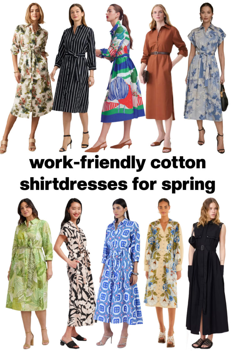 The Best Spring Shirtdresses in Cotton & Linen Sorted by Size, Style & Occasion 7 a collage of eight work-friendly shirtdresses in cotton for spring 2026 curated by wardrobe oxygen