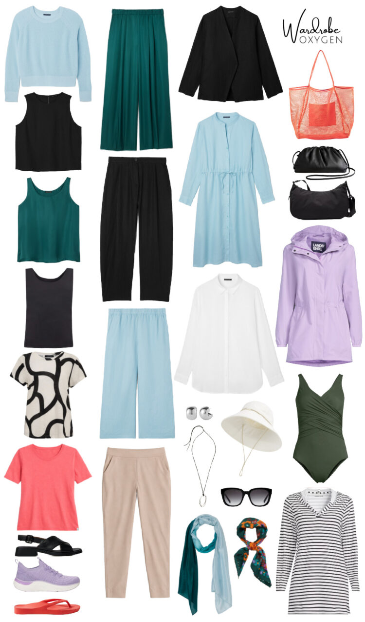 Vacation Capsule Wardrobe for Women Over 40: 14 Garments, 30 Looks 1 Vacation capsule wardrobe for women over 40 featuring teal, black, sky blue, and coral pieces from Eileen Fisher, Lands’ End, and Athleta