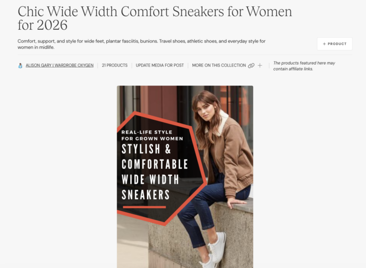 Is ShopMy Worth It? A Full-Time Blogger's Honest Take 8 screenshot of a shelf in shopmy for wide width comfort sneakers