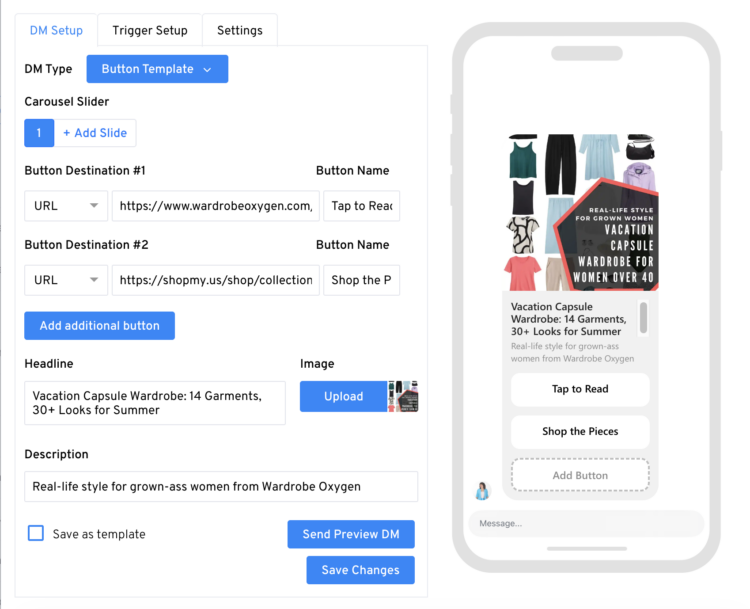 Is ShopMy Worth It? A Full-Time Blogger's Honest Take 14 Screenshot from LinkDM showing how I set up an auto-DM for a Reel I shared on IG and FB