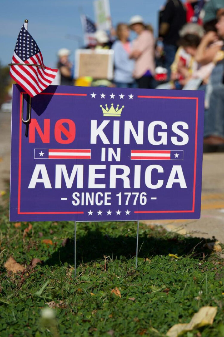 details on the march 28 2026 no kings protest featuring a no kings yard sign with an american flag on it and people protesting in the background