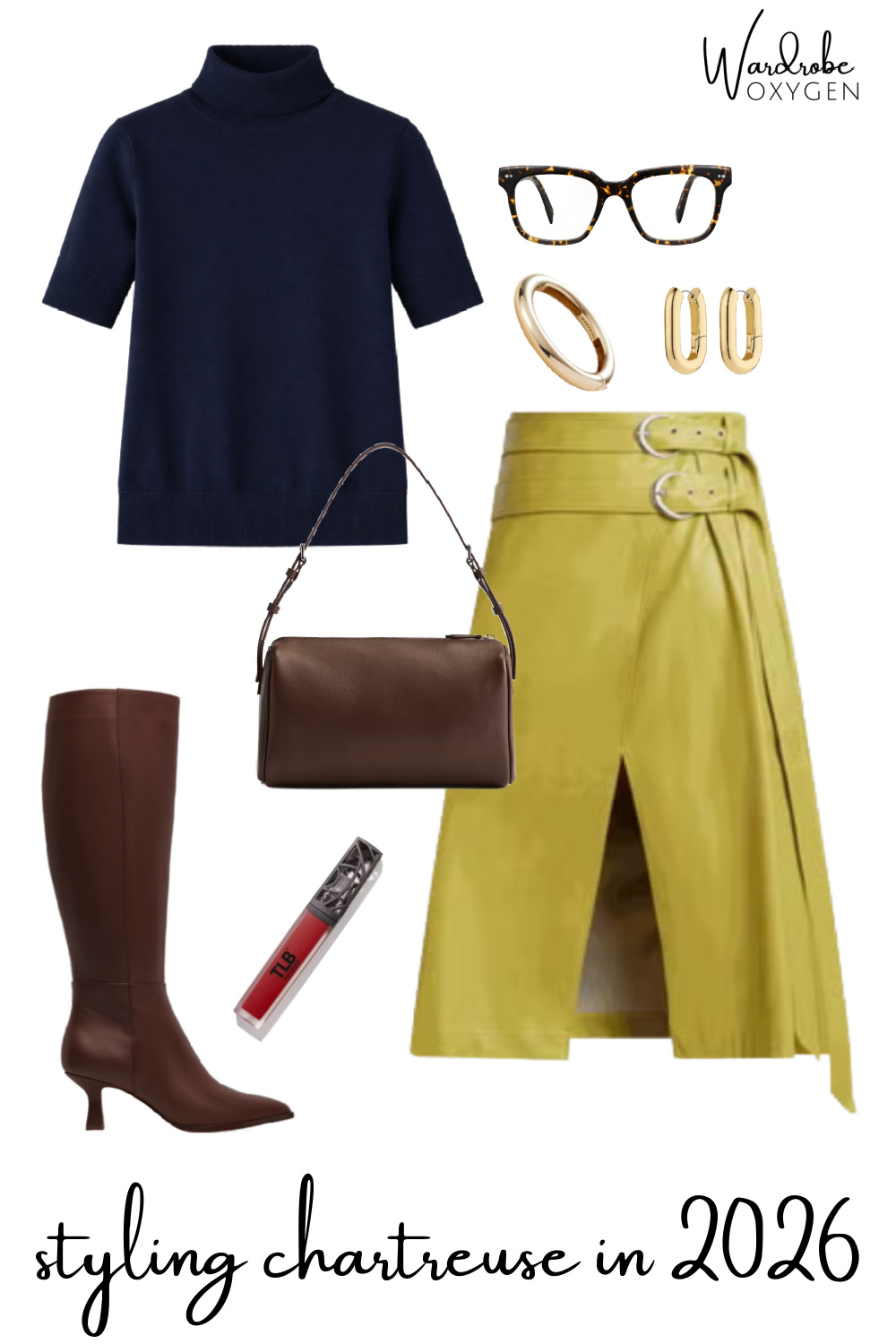 how to style chartreuse as a plus size woman- pair with navy and brown leather to tone down the bright and have a modern effect
