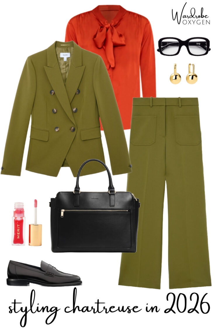 How to Style Chartreuse for 2026 7 how to style chartreuse in 2026 for work pairing a dark chartreuse green suit from Reiss with a vermillion satin bow blouse from Ann taylor and black Margaux loafers