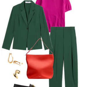 Green blazer and magenta cashmere tee with green trousers, red hobo bag, and black loafers