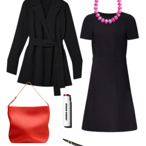 Black belted wrap jacket with a black dress, red hobo bag, slingbacks, and a pink beaded necklace