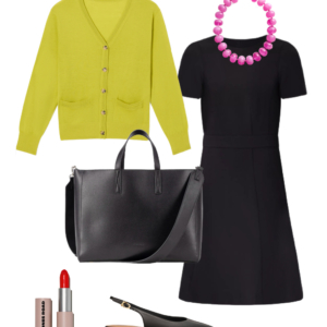 Chartreuse cardigan over a black dress with a pink beaded necklace, black slingbacks, and leather tote