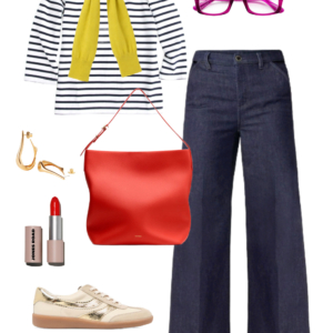 Breton stripe top with chartreuse cardigan tied at shoulders, wide-leg dark wash denim, and metallic sneakers