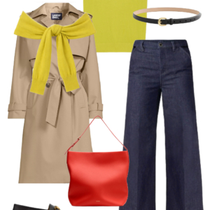 Tan trench coat with chartreuse knit shell tied with cardigan at shoulders, wide-leg denim, and red hobo bag