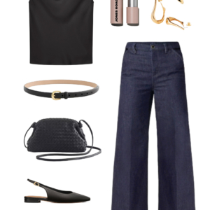 Black cowl-neck shell with wide-leg dark wash jeans, black slingbacks, woven crossbody, and a red lip