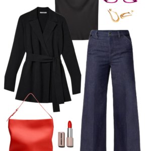 Black belted wrap jacket with a black cowl-neck shell, wide-leg dark wash jeans, red bag, and loafers