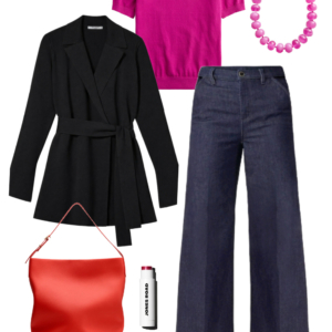 Black belted wrap jacket with magenta tee, wide-leg dark wash jeans, red hobo bag, and metallic sneakers