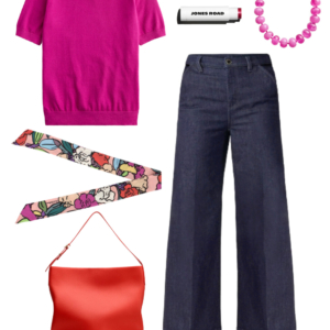 Magenta cashmere tee with wide-leg dark wash jeans, red hobo bag, floral scarf, and metallic sneakers