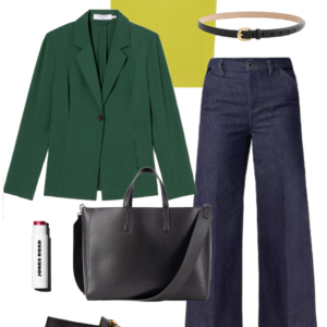 Green blazer with chartreuse knit shell, wide-leg dark wash jeans, black leather tote, and loafers