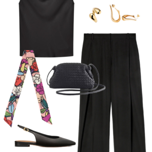 Black cowl-neck shell with black wide-leg trousers, woven crossbody, slingbacks, and a floral twilly scarf