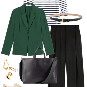 Green blazer over a Breton stripe top with black wide-leg trousers, leather tote, and metallic sneakers