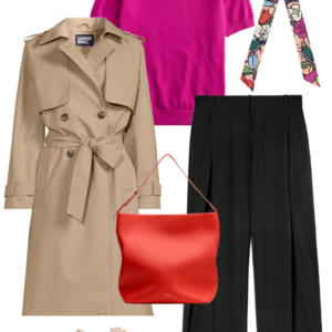 Tan trench coat with magenta cashmere tee, black wide-leg trousers, red hobo bag, and metallic sneakers