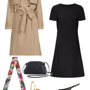 Tan trench coat over a black short-sleeve dress with black slingbacks, woven crossbody, and floral scarf