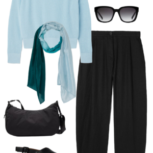 Vacation outfit collage: sky blue sweater and black wide-leg pants with a teal-to-sky-blue ombre scarf, silver ball stud earrings, black sunglasses, black water-resistant crossbody bag, and black Camper Dana sandals.