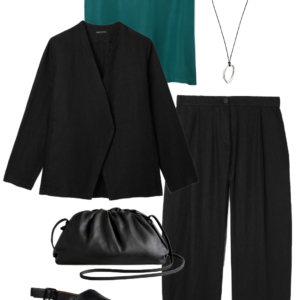 Vacation outfit collage: teal silk tank and black wide-leg pants with a black open blazer, long silver pendant necklace, black leather drawstring crossbody bag, and black Camper Dana sandals.