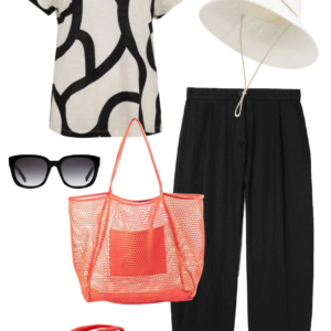 Vacation outfit collage: black and cream abstract print tee and black wide-leg pants with a cream UPF brimmer hat, black sunglasses, coral mesh tote bag, and coral Archies flip flops.