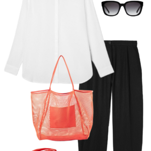 Vacation outfit collage: white button-down shirt and black wide-leg pants with black sunglasses, coral mesh tote bag, and coral Archies flip flops.