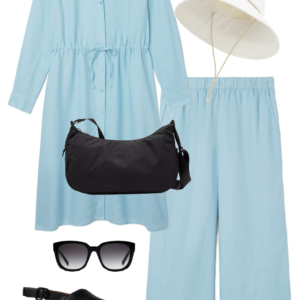 Vacation outfit collage: sky blue shirtdress worn as a tunic over sky blue wide-leg pants with a cream UPF brimmer hat, black sunglasses, black water-resistant crossbody bag, and black Camper Dana sandals.