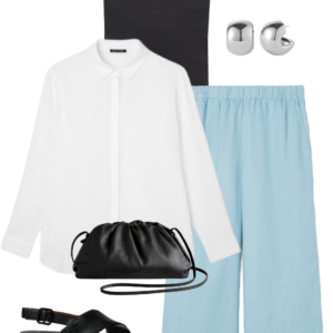 Vacation outfit collage: navy tank layered under an open white button-down shirt with sky blue wide-leg pants, silver ball stud earrings, black leather drawstring crossbody bag, and black Camper Dana sandals.
