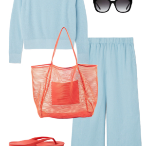 Vacation outfit collage: sky blue sweater and sky blue wide-leg pants with black sunglasses, coral mesh tote bag, and coral Archies flip flops.