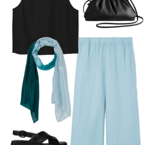 Vacation outfit collage: black tank and sky blue wide-leg pants with a teal-to-sky-blue ombre scarf, silver ball stud earrings, black leather drawstring crossbody bag, and black Camper Dana sandals.