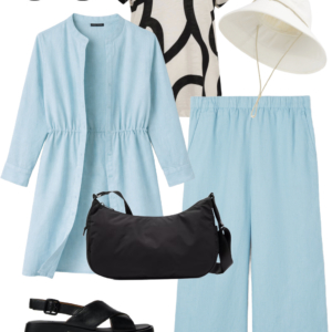 Vacation outfit collage: sky blue shirtdress worn open over a black and cream abstract print tee with sky blue wide-leg pants, cream UPF brimmer hat, black sunglasses, black water-resistant crossbody bag, and black Camper Dana sandals.
