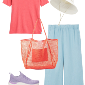 Vacation outfit collage: coral UPF tee and sky blue wide-leg pants with a cream UPF brimmer hat, coral mesh tote bag, and lavender Keds BlissMove sneakers.