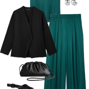 Vacation outfit collage: teal silk tank and teal wide-leg pants with a black open blazer, silver ball stud earrings, and black leather drawstring crossbody bag with Camper Dana black crossover sandals.