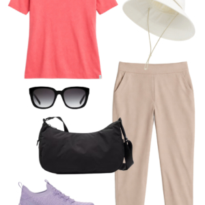 Vacation outfit collage: coral UPF tee and tan Athleta Brooklyn ankle pants with a cream UPF brimmer hat, black sunglasses, black water-resistant crossbody bag, and lavender Keds BlissMove sneakers.