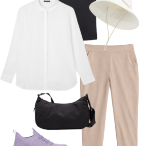Vacation outfit collage: navy tank layered under an open white button-down shirt with tan Athleta Brooklyn ankle pants, cream UPF brimmer hat, black water-resistant crossbody bag, and lavender Keds BlissMove sneakers.