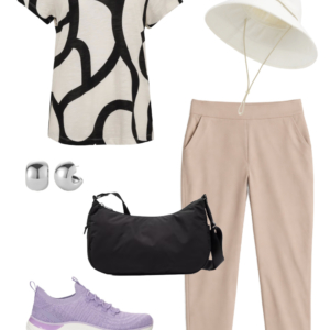 Vacation outfit collage: black and cream abstract print tee and tan Athleta Brooklyn ankle pants with a cream UPF brimmer hat, silver ball stud earrings, black water-resistant crossbody bag, and lavender Keds BlissMove sneakers.
