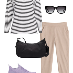 Vacation outfit collage: black and white striped Lands' End UPF hooded tunic and tan Athleta Brooklyn ankle pants with black sunglasses, black water-resistant crossbody bag, and lavender Keds BlissMove sneakers.