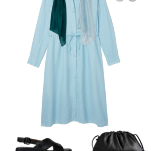 Vacation outfit collage: sky blue shirtdress worn as a dress with a teal-to-sky-blue ombre scarf draped at the neckline, silver ball stud earrings, black leather drawstring crossbody bag, and black Camper Dana sandals.