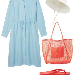 Vacation outfit collage: sky blue shirtdress as a standalone dress with a cream UPF brimmer hat, coral mesh tote bag, and coral Archies flip flops.