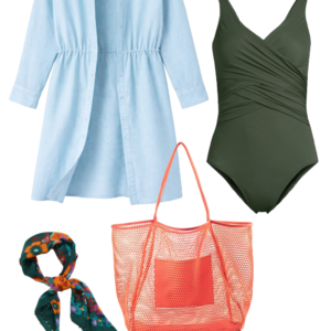 Vacation outfit collage: sky blue shirtdress worn open as a swim coverup over a dark olive one-piece swimsuit, teal floral silk square scarf, coral mesh tote bag, and coral Archies flip flops.