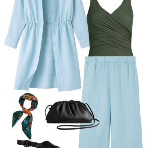 Vacation outfit collage: sky blue shirtdress worn open as a layer over a dark olive one-piece swimsuit worn as a top with sky blue wide-leg pants, teal floral silk square scarf, black leather drawstring crossbody bag, and black Camper Dana sandals.